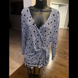 Blue, Black and White Geometric Print Blouse by New York & Company